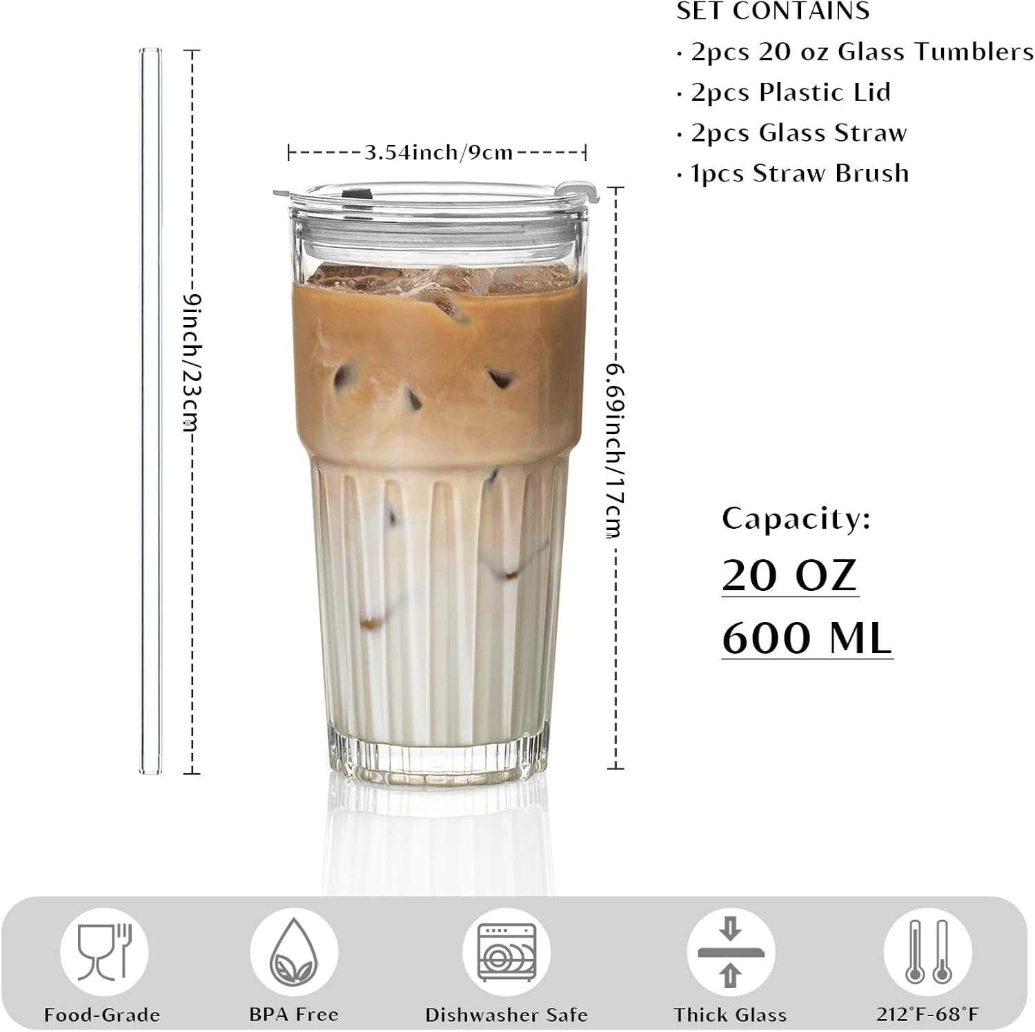 INSETLAN 20oz Clear Glass Cups & Tumbler Set with Lids & Straws – 2-Pack, Reusable Drinking Cups for Iced Coffee, Smoothies, Tea, Juice, Leak-Proof, Spill-Proof, Ideal for Home and Outdoor Use - Image 2