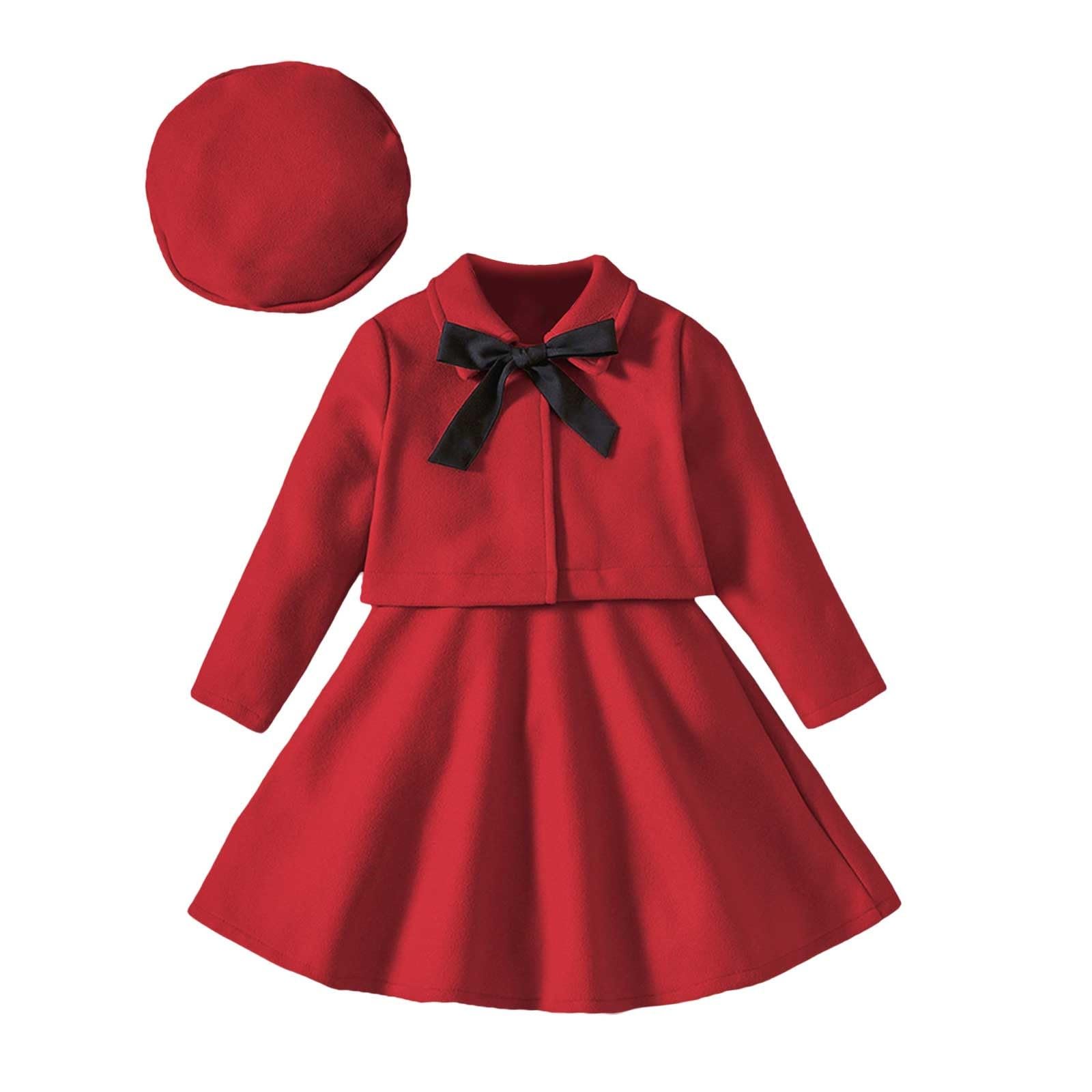 Completo 4 Anni Elegante Set da Tre Pezzi per Bambina, con Fiocco, Manica Lunga, in Lana, Gilet, Cappello, da 1 a 6 Anni Felpa Rossa 2 Anni
