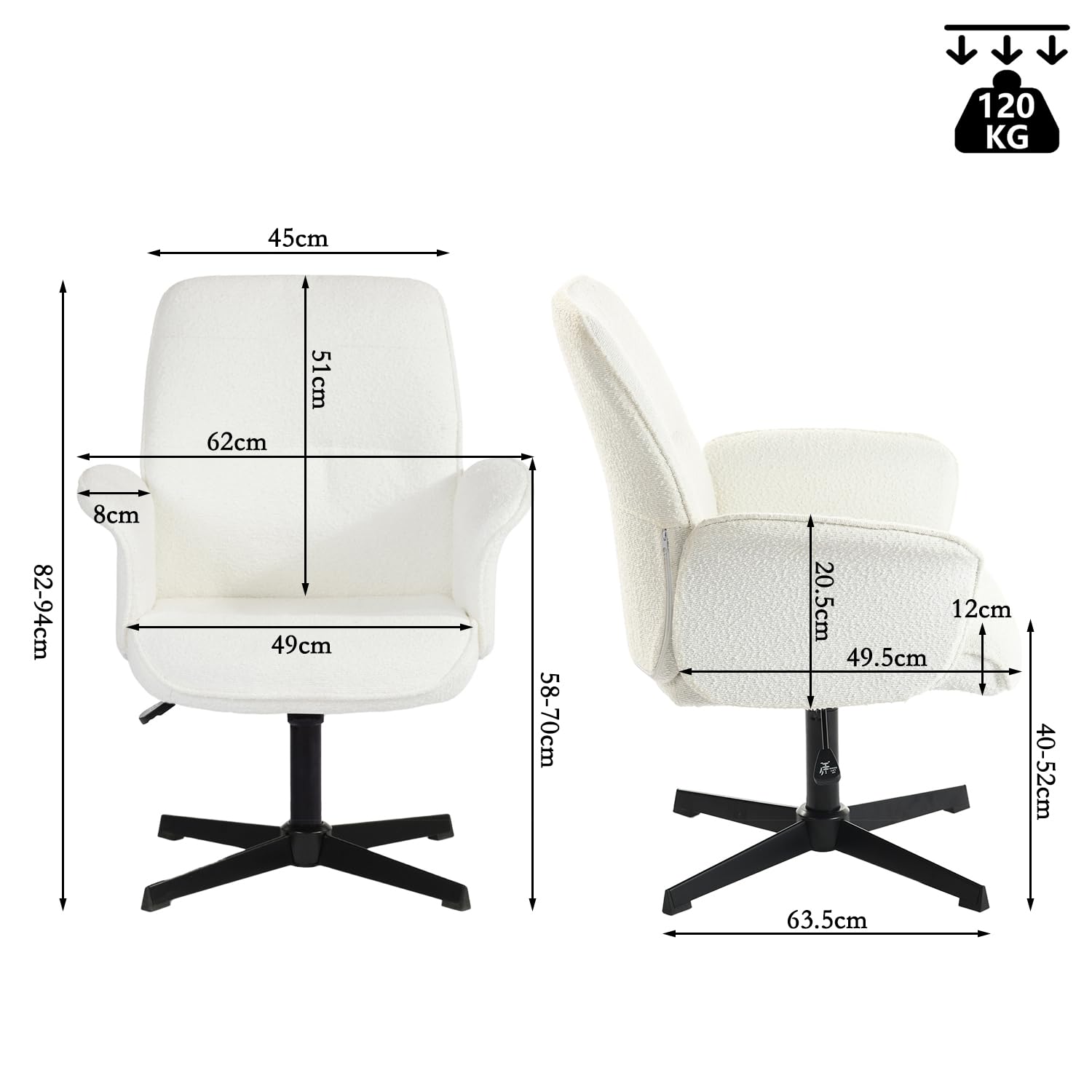 MEUBLE Cosy Silla de Tocador Sillón de Maquillaje Asiento Acolchado Giratorio 360° Altura Ajustable con Reposabrazos Boucle Sin Ruedas Patas Cruzadas para Dormitorio Blanco