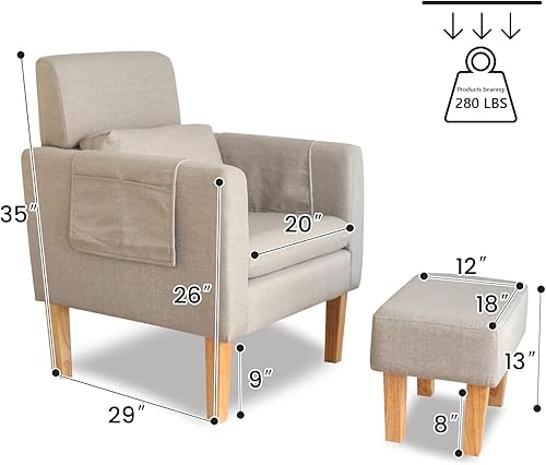 Miniatura 2 de TAKUKA Silla moderna color caqui tapizada con sillón de tela otomana y reposapiés, cómodo sofá individual de lectura para sala de estar y dormitorio