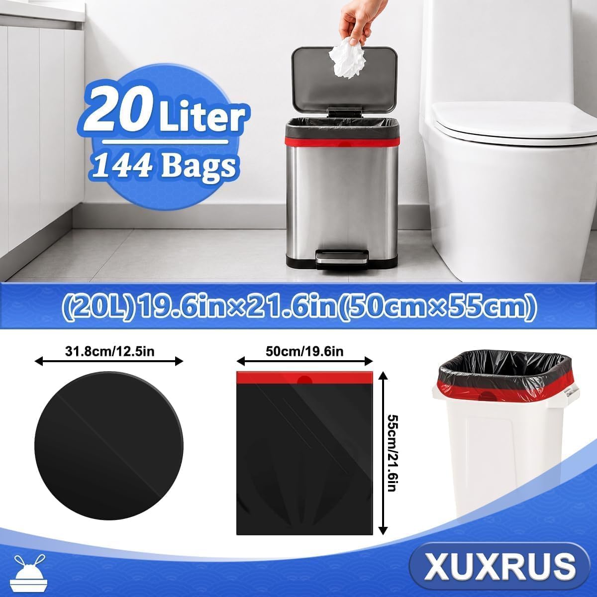 XUXRUS Tretmüllbeutel, 20 l, Badezimmer-Müllbeutel, klein, schwarz, 144
