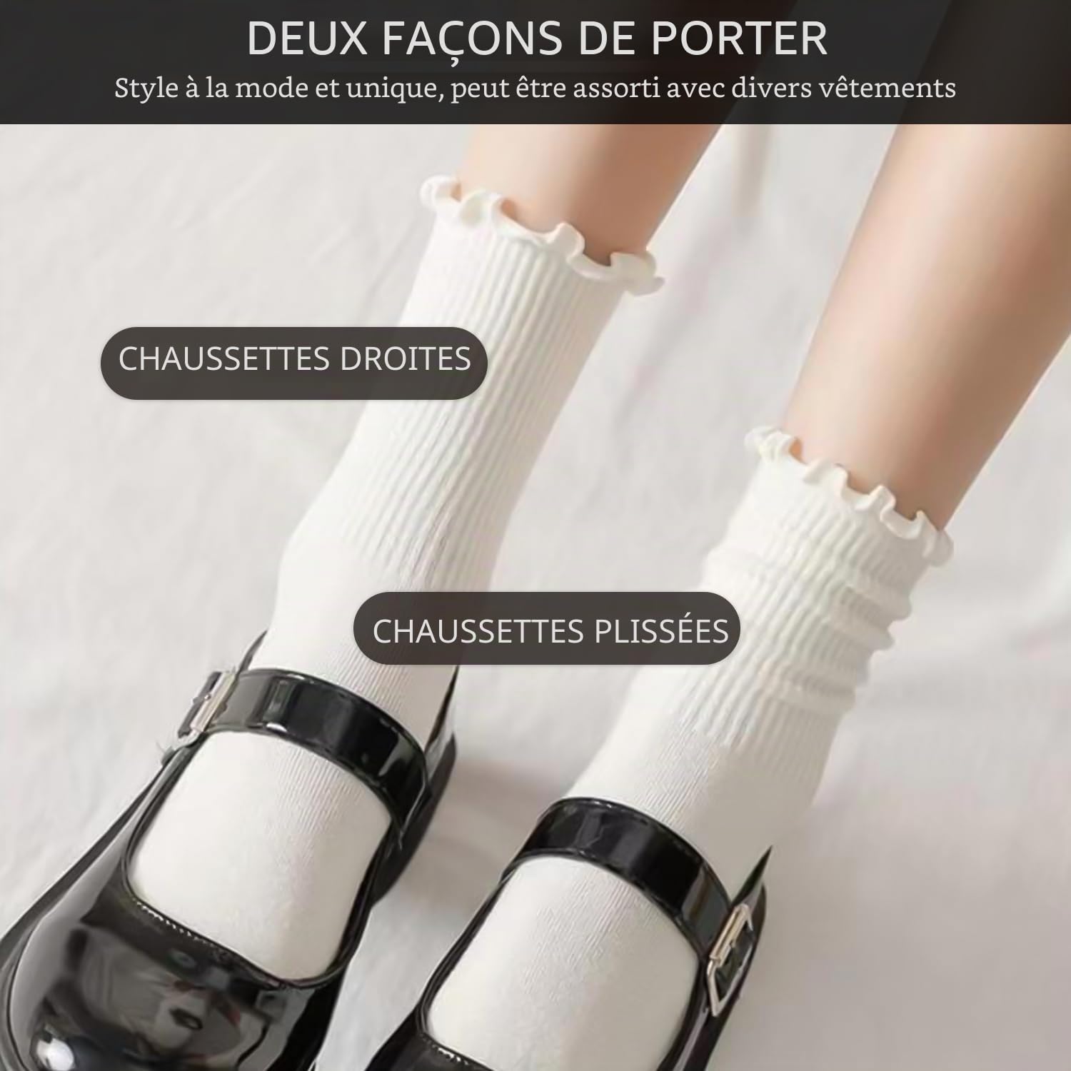 Lot de 8 paires de chaussettes à volants en coton plissé pour femme - Chaussettes élastiques mi-mollet (noir, blanc, blanc laiteux), noir, blanc, blanc laiteux, L