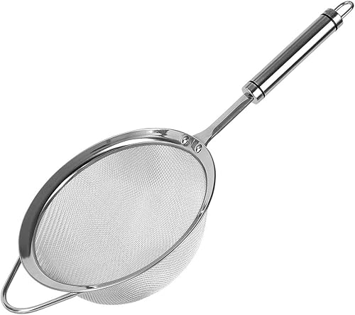 Colador de malla fina de acero inoxidable con mango resistente, perfecto para alimentos, café, azúcar, harina, frutas, 4.5 pulgadas