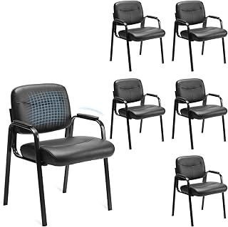 Sweetcrispy Office Reception Guest Chair No Wheels Set of 6, Leather Stationary Waiting Room Chairs with Padded Arms for Elderly Desk Conference Room Lobby Table Side Salon