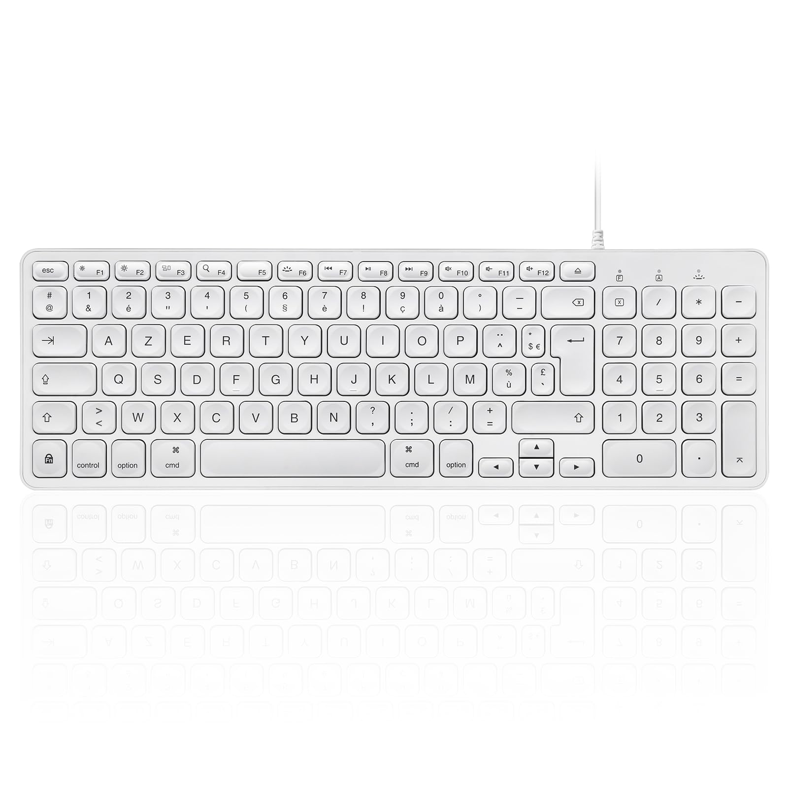 perixx PERIBOARD-333MW Kompaktowa podświetlana klawiatura dla komputerów Mac z kablem - cienkie nożyczki z dużymi literami - biała dioda LED - układ francuski AZERTY