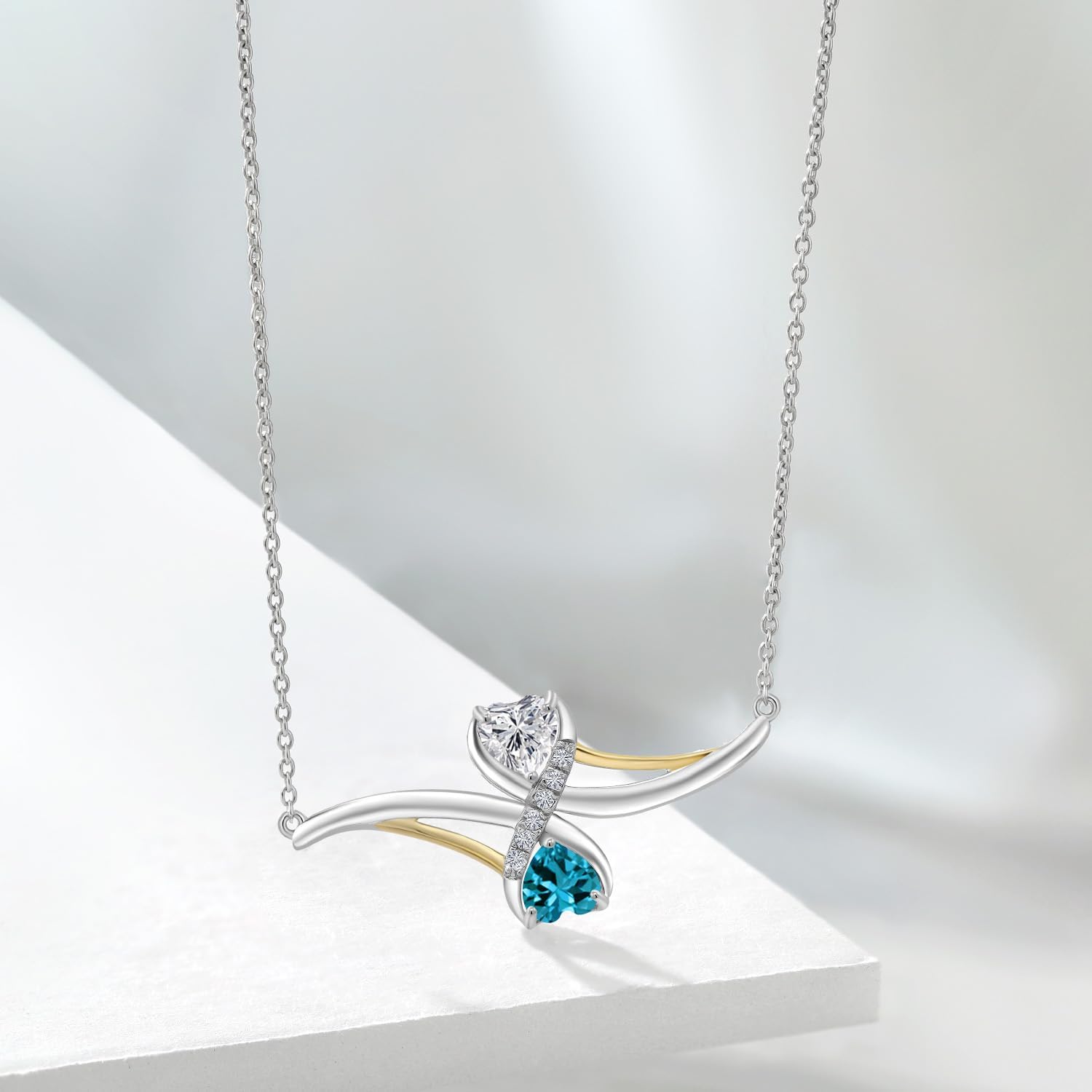 Gem Stone King 925 Silver and 10K Yellow Gold Lab Grown Diamond and London Blue Topaz Pendant Necklace for Women | 1.05 Cttw | Gemstone April Birthstone | Heart Shape 5MM | With 18 Inch Chain - Image 4