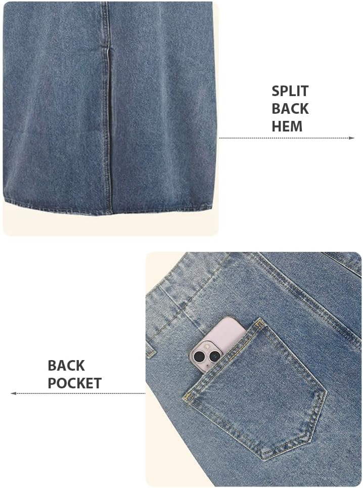 oshoplive Women's Denim Skirts Stretch High Waist A Line Flare Jean Skirt Frayed Raw Hem Split Maxi Skirts with Pockets - Image 5