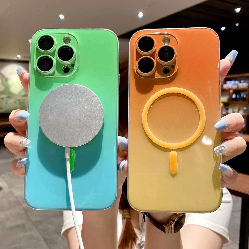 Custodia per telefono con ricarica wireless luminosa e luce notturna per iPhone 15 12 13 11 14 ProMax, colore sfumato, verde, per iPhone 12 Pro Max