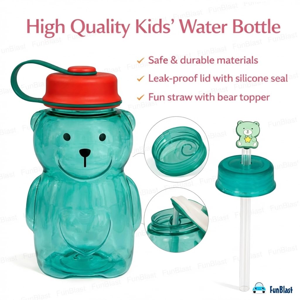 FunBlast Bottiglia d'acqua scolastica per bambini – Bottiglia d'acqua con cannuccia e tappo di chiusura per bambini a scuola, anti-perdite, bottiglia d'acqua per bambini per bambini, 430 ml (verde)