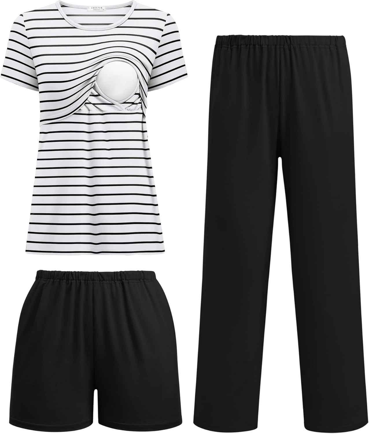 Ekouaer 3 Piece Postpartum Nursing Pajamas Set Short Sleeve Breastfeeding Shirts Pregnancy Shorts & Pants Maternity Pjs