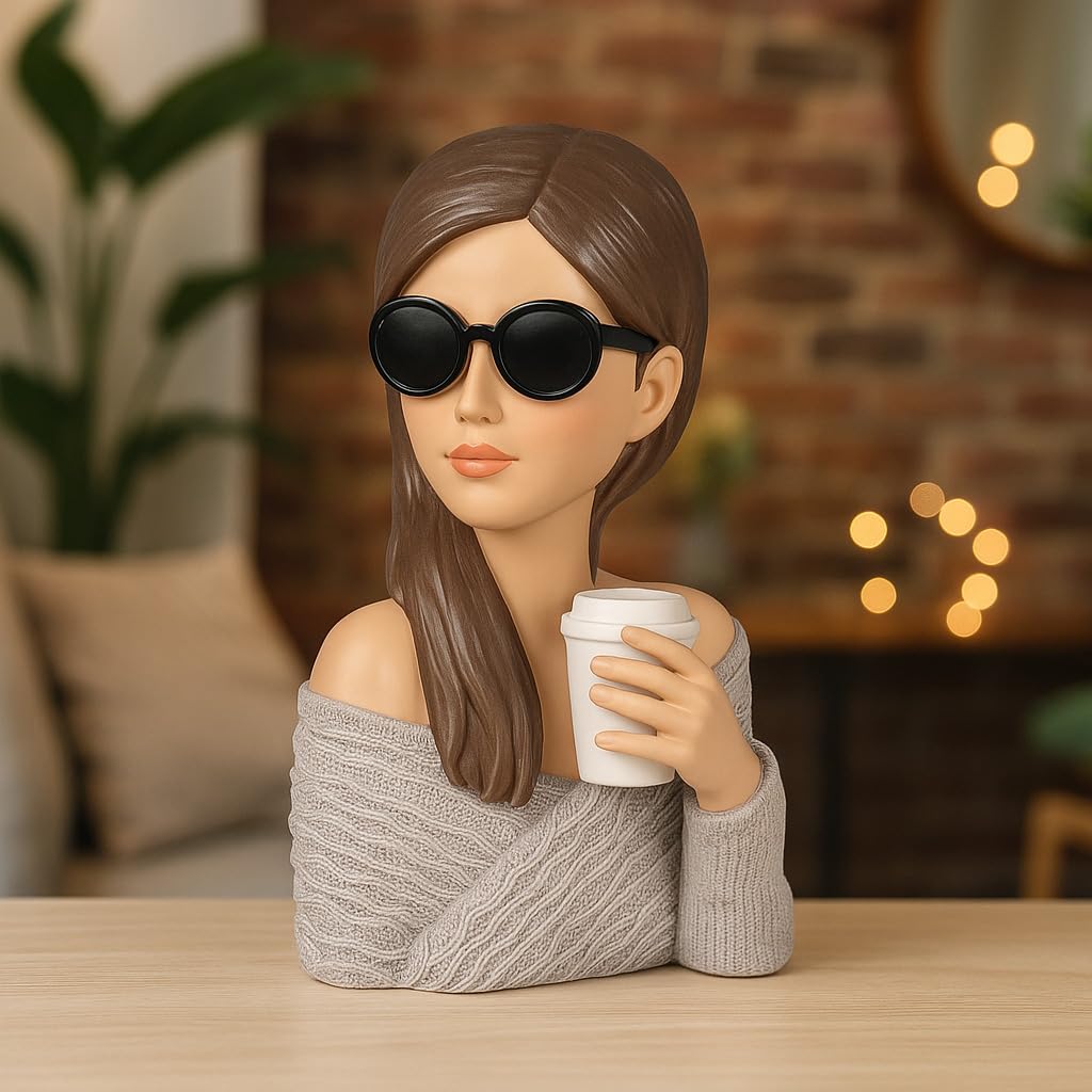formano Deko-Büste Dame mit Sonnenbrille und Kaffeebecher Frauenfigur 28cm Women - Edle Skulptur aus Kunststein - Vintage-Deko im Audrey Stil - Elegante Geschenkidee für Frauen & Designliebhaber