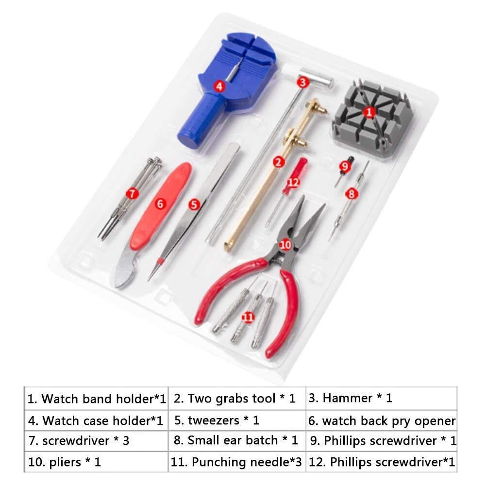 Kit de reparación de Relojes, Juego de Herramientas para pasadores de Enlace de Correa de Reloj con paño de Limpieza, Kit de Herramientas de reemplazo de batería de Reloj para reparación de Relojes