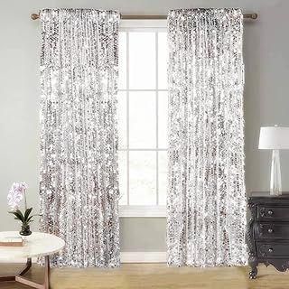 SFN Sky 9FTx9FT Silver Big Sequin Backdrop Curtains Panels Drapes Home Party Supplies Sequin Background for Parties Shimmer Wall Backdrop Cloth and Thanksgiving Christmas