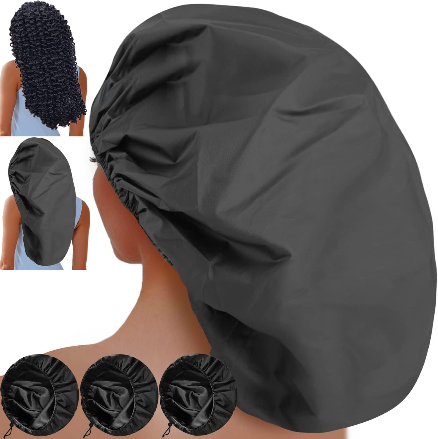 Sheomern 3 Pcs Super Jumbo Adjustable Satin Lined Shower Caps for Long Hair & Braids, Extra Large Shower Cap for Women & Men, Reusable XL with Waterproof Edge for Dreadlocks, Locs (Black)