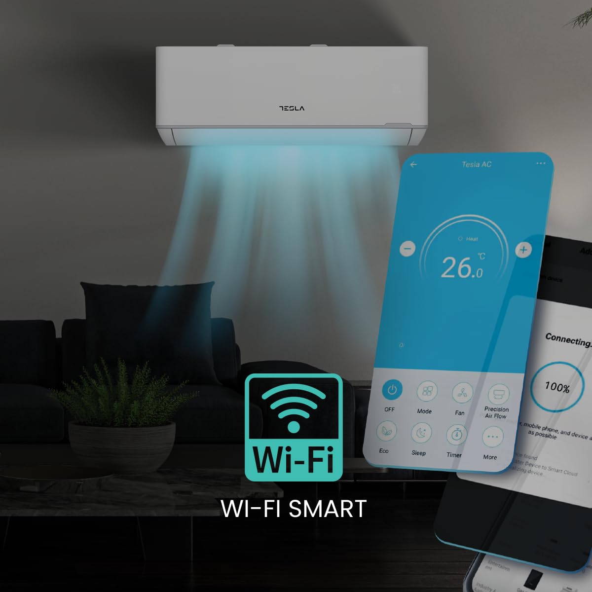 Tesla Aire Acondicionado Inverter Split 3.000 Frigorías [Hasta 30m2] (12.000 BTU) - Wi-Fi, Turbo, Autolimpieza, A+++ Calor, Clase A++ Frío, Gas R32 (Blanco)