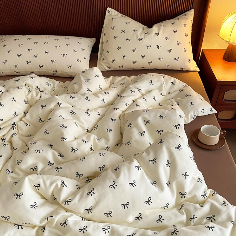 Freyamy Beige Single Duvet Cover Set - 2pcs Aesthetic Black Bow Bedding Set, Lovely Girl Bedding Set Single Size 135x200 cm and 1 Pillowcase 50x75 cm — image 1