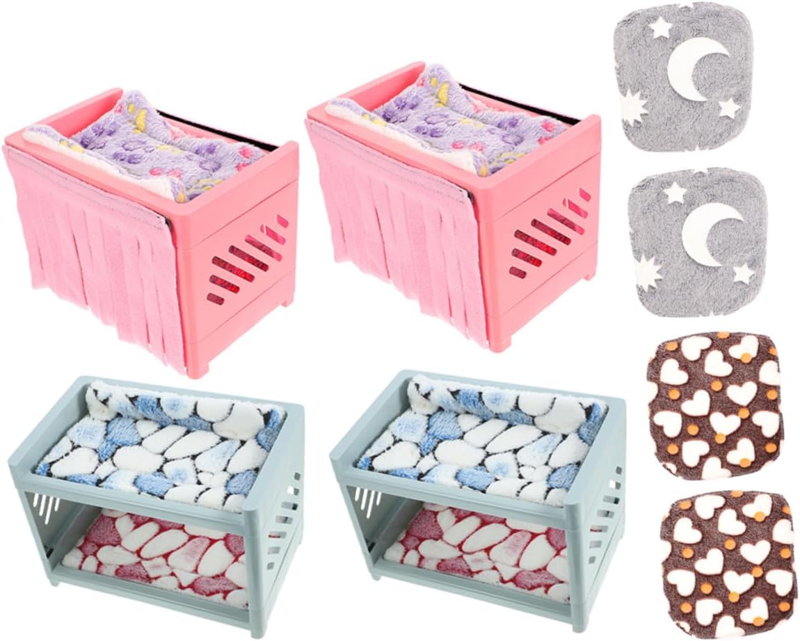 Guinea Pig Bed and Hamster Hideout Double Layer Small Animal Shelter with 2 Mats and 2 Blankets, Cozy Nest for Hamsters, Chinchillas, and Small Pets Random Color