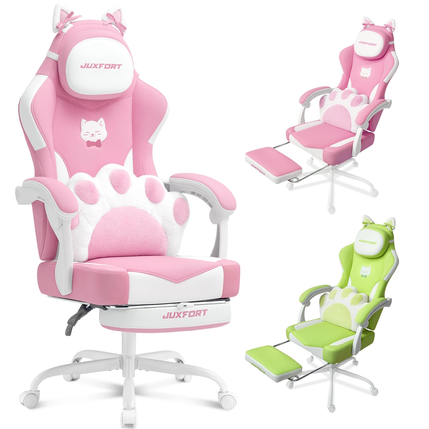 Pink Gaming Chair with Cat Ears Paw Lumbar Cute Kawaii Racing Computer Chair with Footrest Reclining PC Game