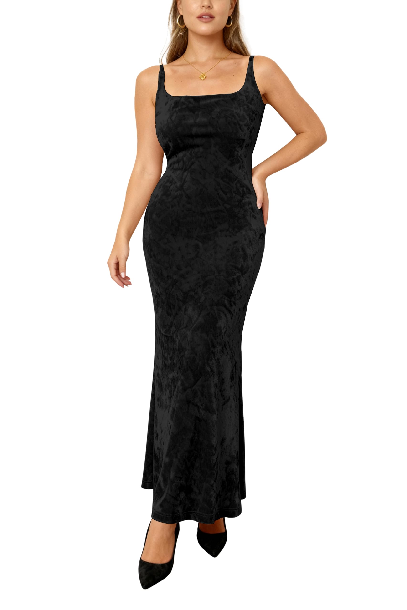 Womens Velvet Adjustable Spaghetti Strap Bodycon Maxi Cocktail Dress Backless Scoop Neck Club Party Long Dresses