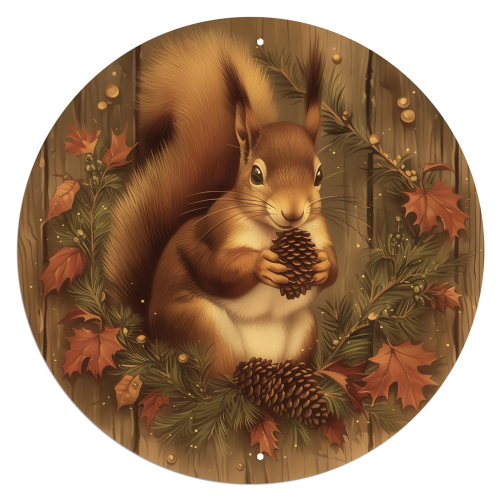 Autumn Squirrel Aluminum Sign, Vintage Multipurpose Farmhouse Wall Hanging Decor, Round Sign for Fall, Festival, Thanksgiving Party Decor, Porch Welcome Decor - 12X12 Inches