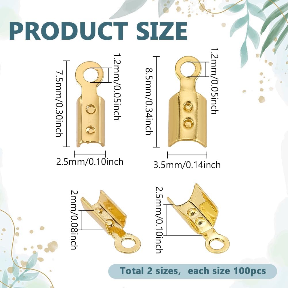PH PandaHall 200pcs Fold Over Cord Ends, 18K Gold Plated Crimp Beads Leather Ribbon End Clasp Tips Brass Crimp End Tips Jewelry Connector for DIY Jewelry Making Bracelet Necklace, 7.5x2.5mm