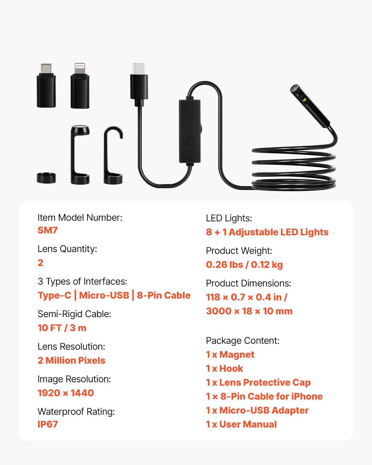 VEVOR Telecamera Endoscopica con Luce, Telecamera di Ispezione HD 1920P con 8 + 1 Luci LED, Boroscopio a Doppia Lente con Zoom 2X, Cavo Serpente da 3 m Impermeabile IP67 per Auto