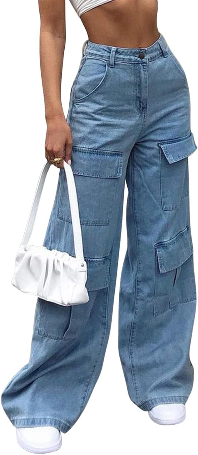 Runstarshow Baggy Jeans for Women Cargo Trousers Y2K High Waisted Denim Pants Women Wide Legs Jeans with Pockets Vintage Casual Fashion Streetwear Size 6-20 for Ladies Tees Girls