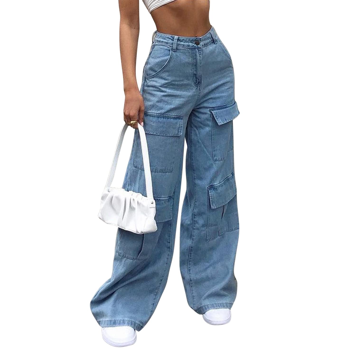 Jeans a vita alta da donna Y-2-K pantaloni baggy cargo a gamba larga, colore verde, con tasche multiple, casual, estivi, viaggi, shopping, moda, verde, S
