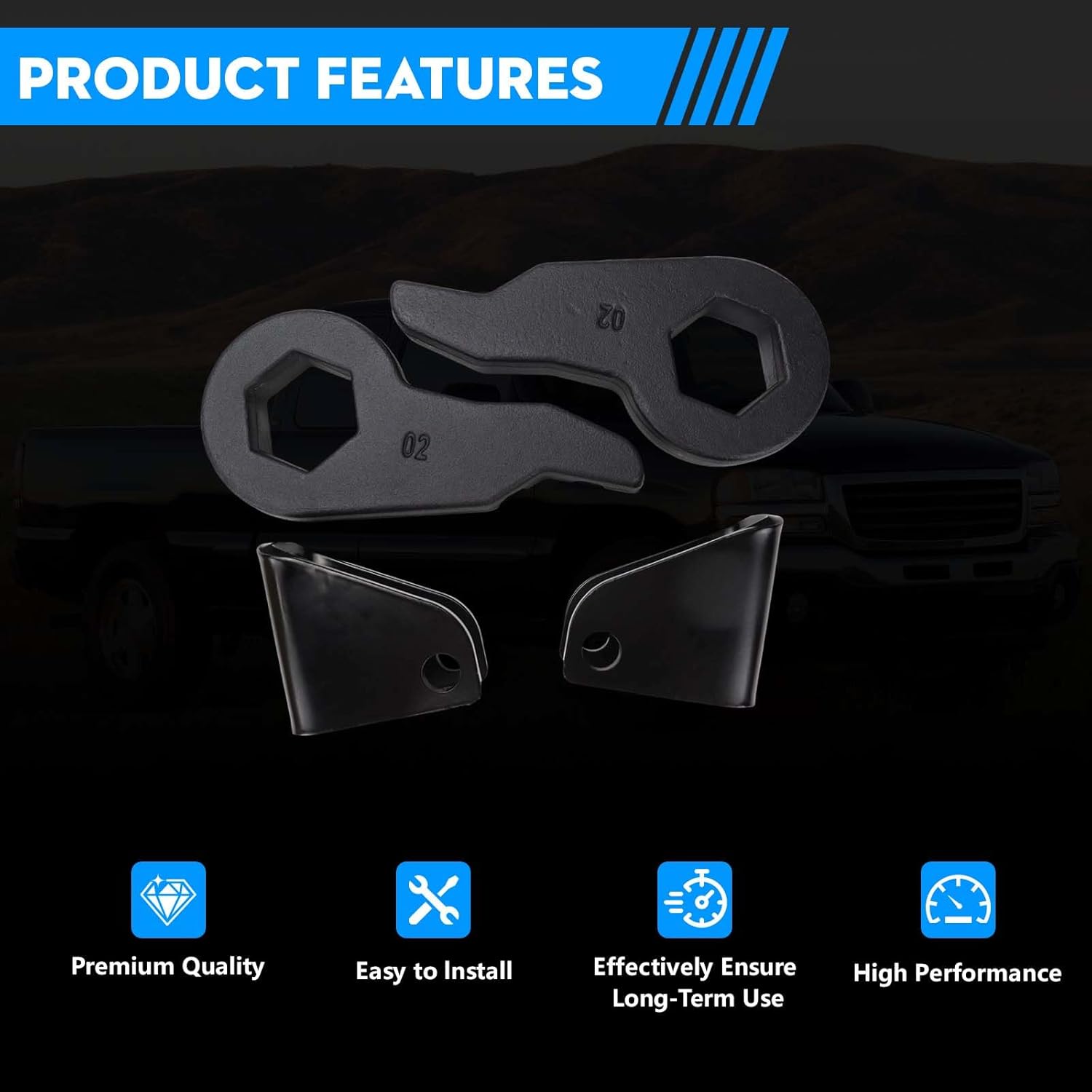 1-3 Inch Forged Leveling Lift Kit Torsion Bars Key with Shock Extender Brackets for 2001-2010 Silverado Sierra 1500HD 2500HD 3500HD 2WD 4WD 8 Lug, Front Suspension Level Kit 4PC Set