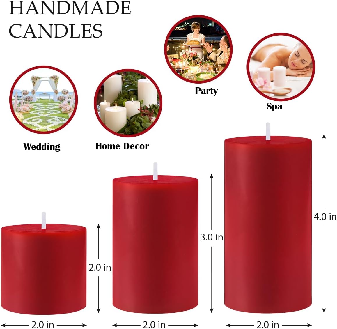 Red Unscented Pillar Candles 3-Pack – Dripless & Smokeless, Long-Burning Thick Candles (2",3",4" Heights) for Weddings, Home Decor & Serene Ambiance