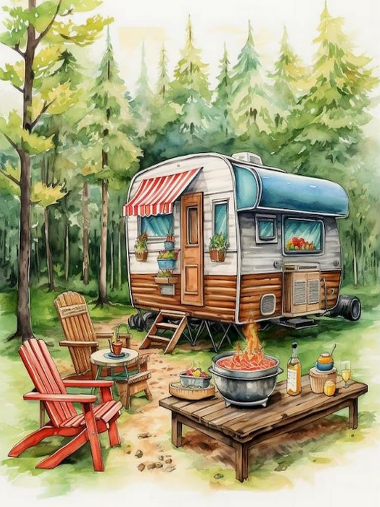 Renqidian Pre Printed Cross Stitch Kits Camping Scenery 11CT Stamped Embroidery Kit DIY Needlework Art for Adults Beginners Home Decor（40x50 cm）