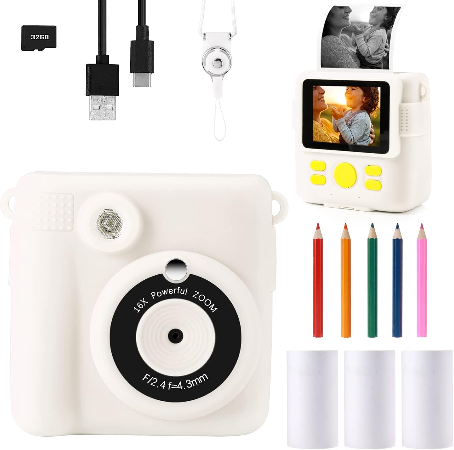 Instant Print Camera, Kids Camera 1080P HD Digital Camera with 32G SD Card, 3 Rolls