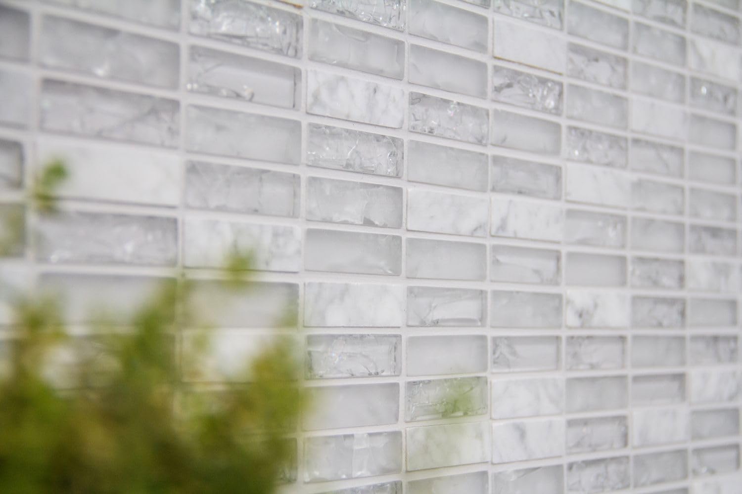 Pietre per mosaico in vetro Crystal/Pietra, bianco traslucido, 3D, formato: 15 x 50 x 8 mm, dimensioni foglio: 322 x 310 mm, 10 fogli