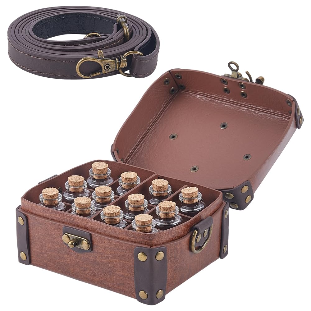 Coffret D'Alchimie Médiéval en Cuir PU avec 12 fiole de Potion en Liège Sac Bandoulière Portable Porte Dés pour Bijoux et Jeux de Rôle (D&D) Sac Banane pour Homme et Femme Costume