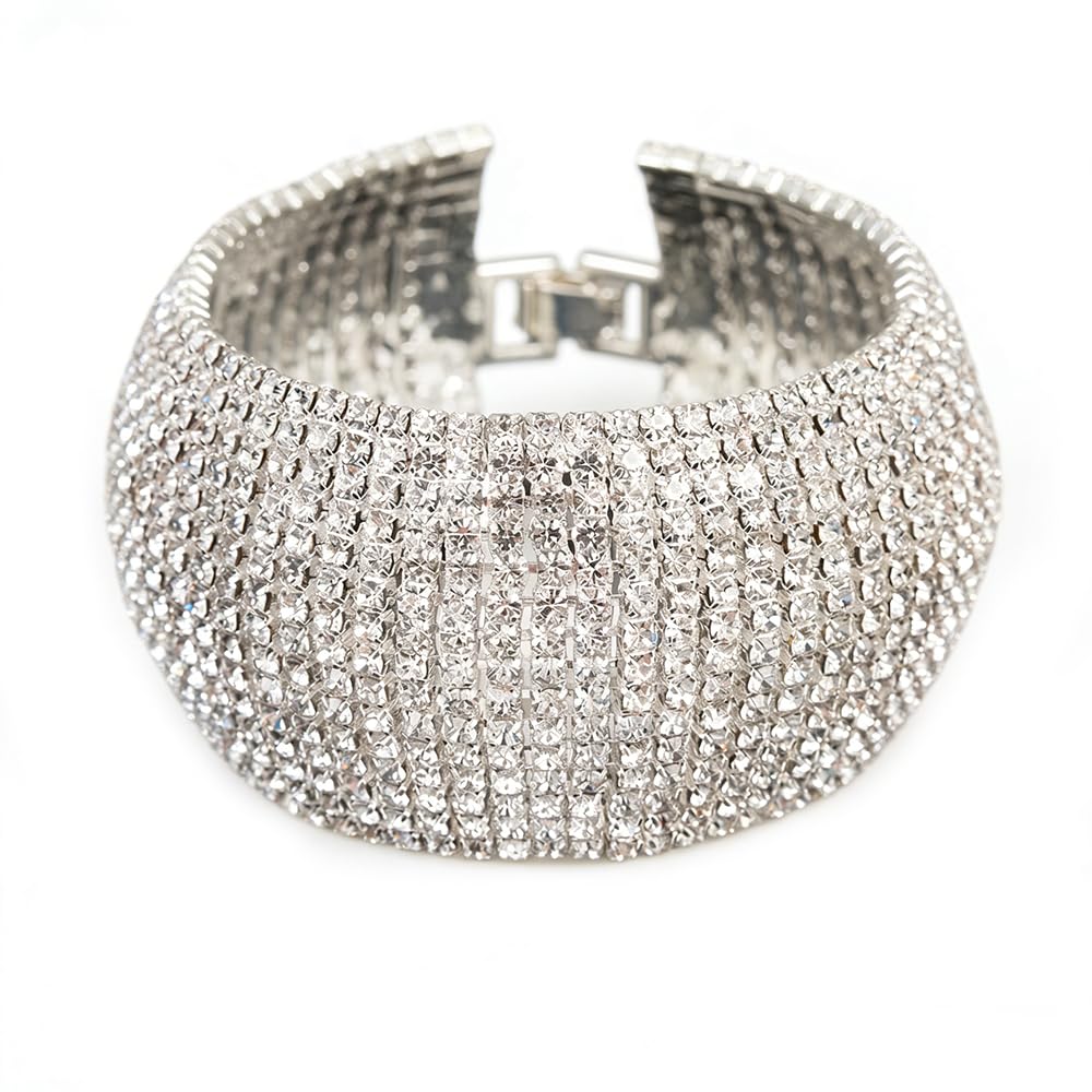 Xerling Full Rhinestones Bracelets Silver and Gold Crystal Cluster Wide Bangle Bracelets for Women Multi-layered Tennis Chain Bracelets (Type A Silver
