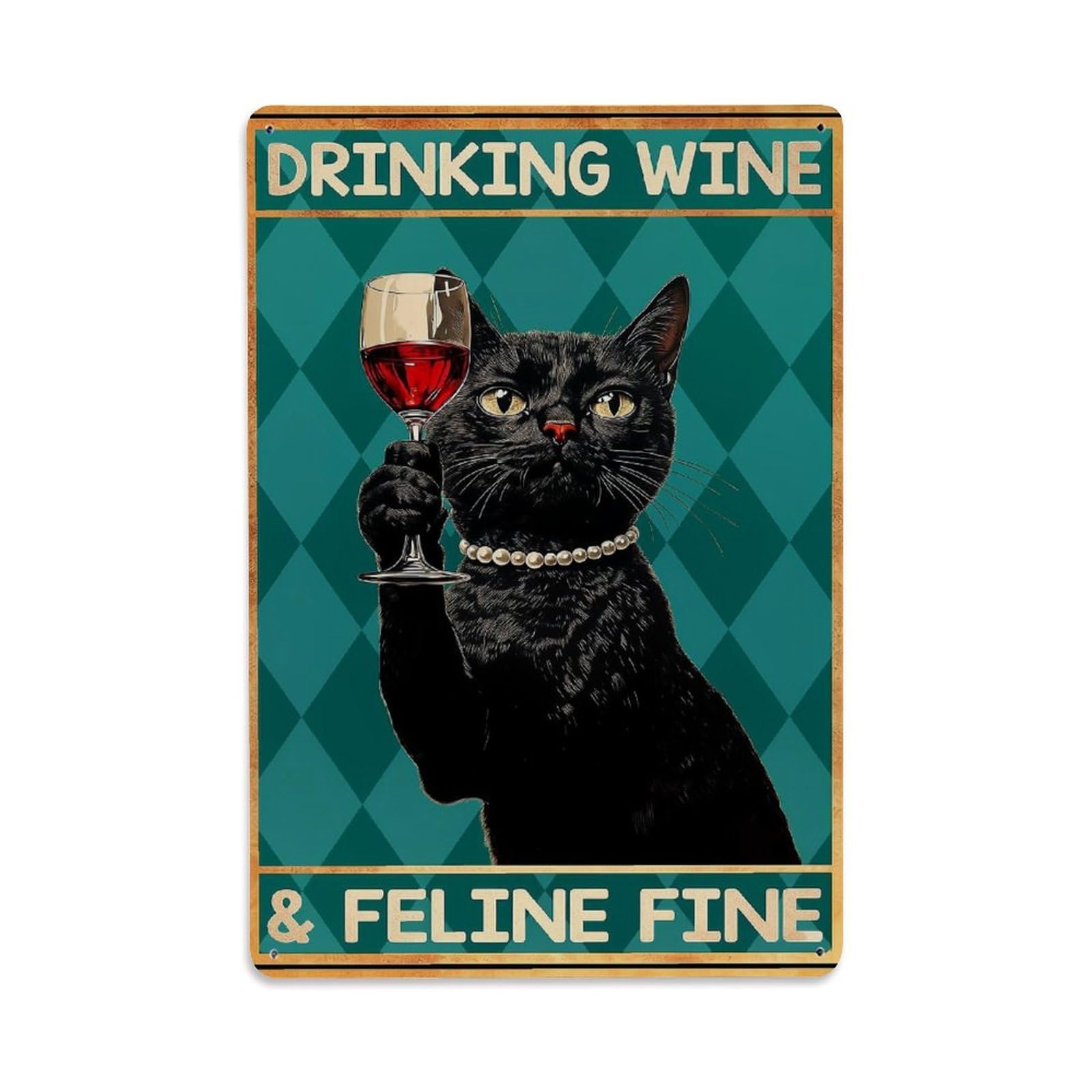 Bliveurn Vintage Black Cat Holding Wine Glass Retro Metal Tin Sign, Metal Poster For Home, Gaming Room, Studio Workshop,Bar,Garage Wall Art Decor 8X12 Inch