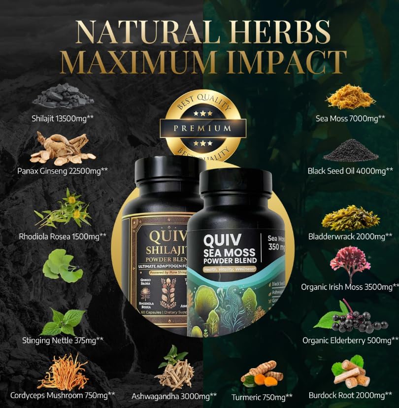 Miniatura 3 de Quiv Paquete de bienestar definitivo, 60 unidades cada uno, musgo marino y shilajit todo en uno