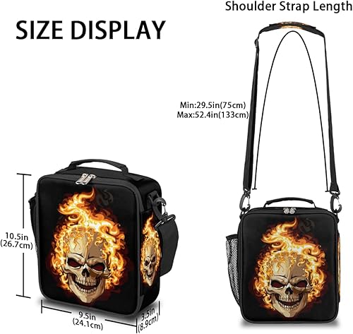 Miniatura 3 de Divertida bolsa de almuerzo aislada con calavera de fuego para adolescentes y niños, lonchera portátil reutilizable con correa para el hombro para