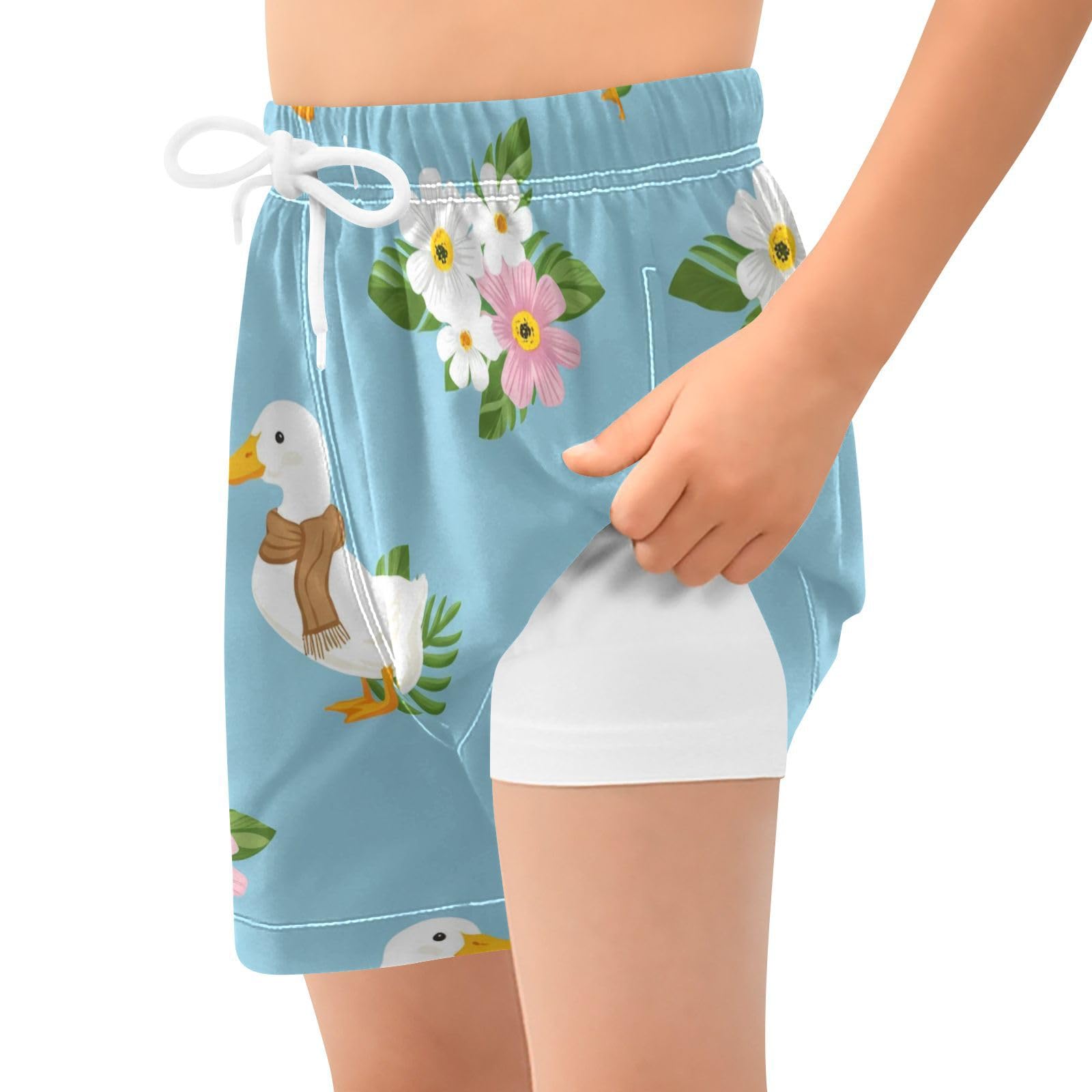 YANENDIE Boy Swim Trunks with Compression Liner Ducks Brown Scarves Boys Swim Shorts Quick Dry Beach Shorts