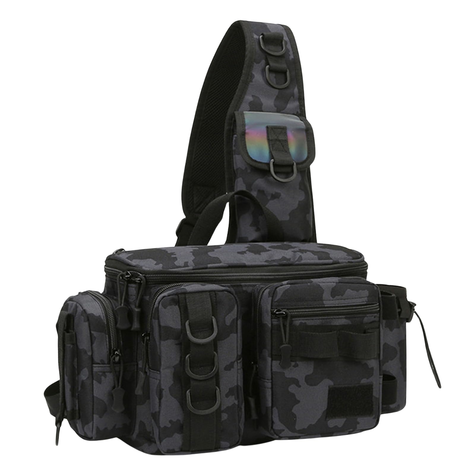 Zimoer Borsa Tracolla da Pesca, Borsa per Attrezzatura da Pesca con Porta Canna, Zaino Impermeabile per Escursionismo, Caccia, Campeggio, Attività all'aperto (Nero Mimetico)