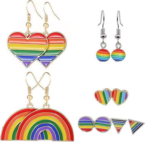 SuoFrun Paquete de 6 pares de aretes de orgullo LGBT arcoíris para mujeres y niñas, con dije de orgullo gay lesbiana y gay, aretes colgantes de