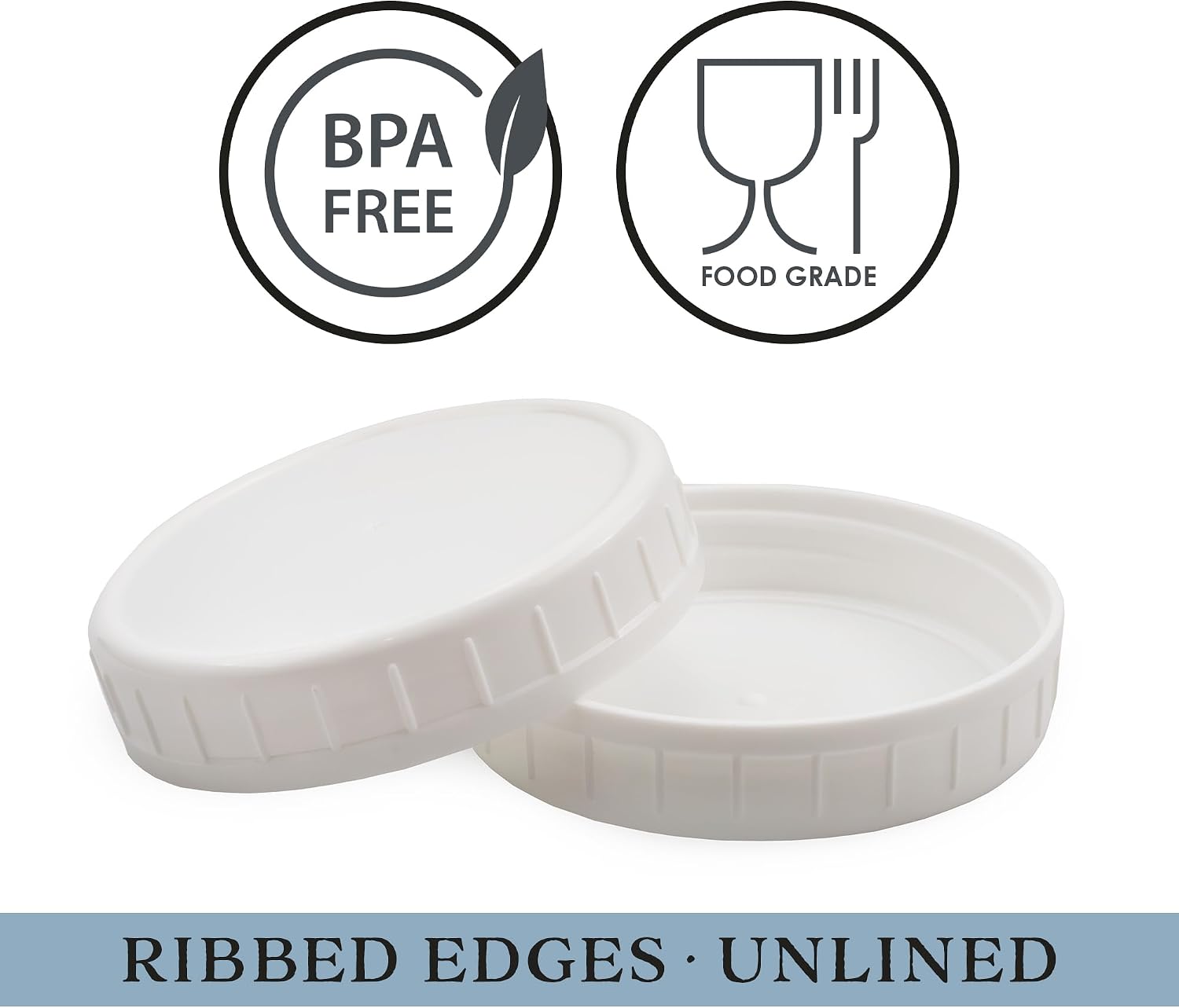 Cornucopia Brands Wide Mouth Plastic Mason Jar Lids (24-Pack Bundle); 2 Dozen Unlined White Ribbed Lids, 86-450 Size