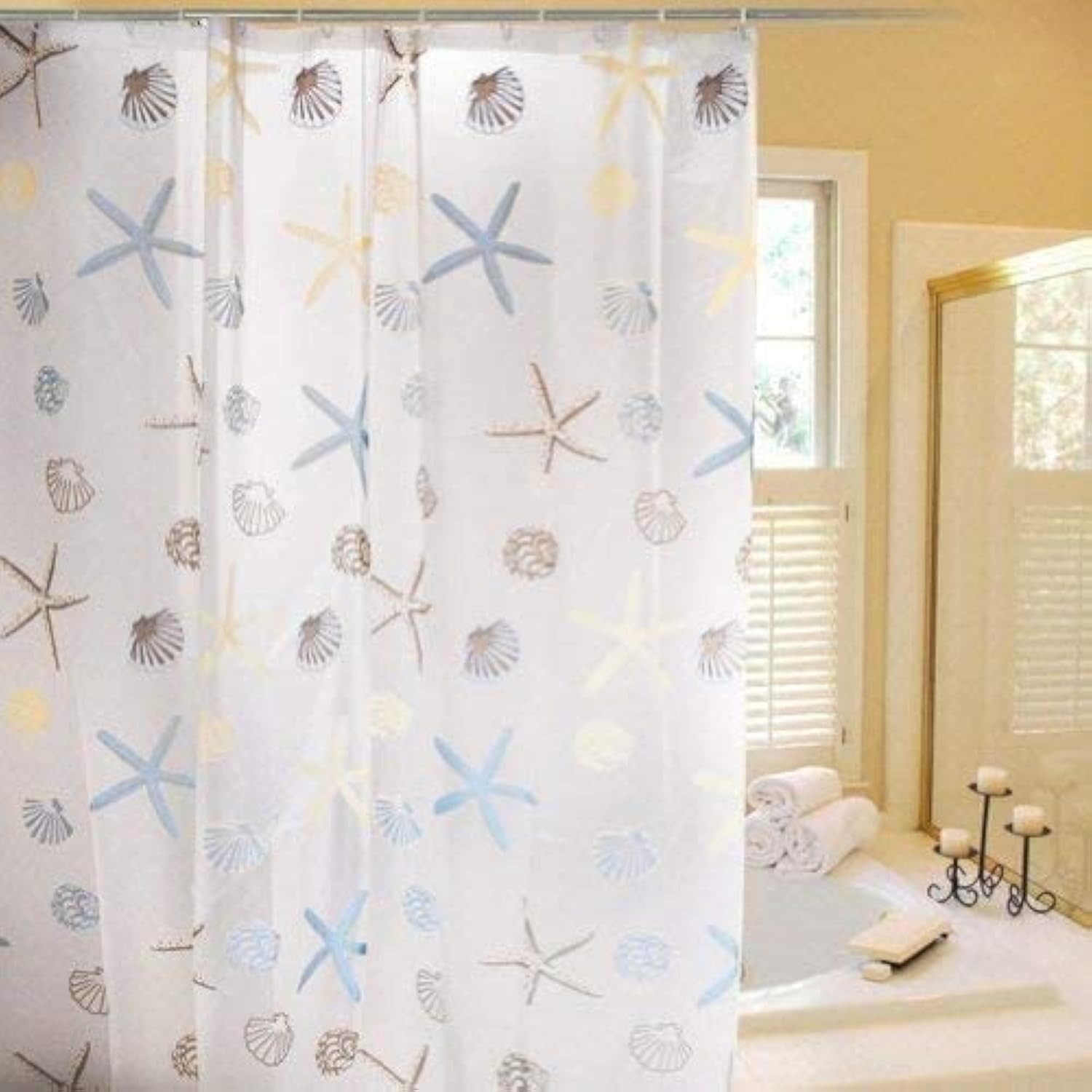 Cozyswan Transparent With Shells And Starfish Pattern Elegant Peva Shower Curtain With Plastic Hook For Bathroom 180 Cm X 180 Cm