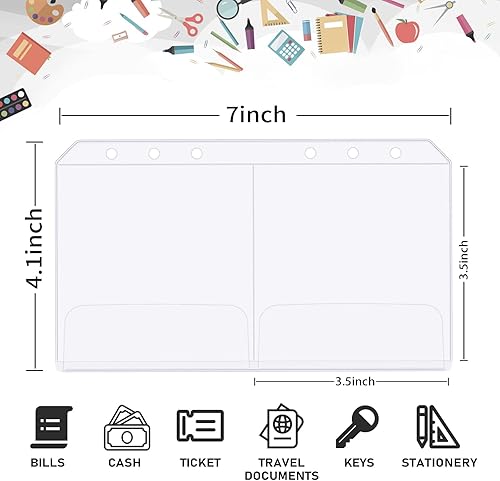 Miniatura 20 de 60 bolsillos A6 para carpeta, 6 agujeros, con cremallera, carpetas de PVC transparente, bolsas de hojas sueltas, sobres de efectivo para carpetas