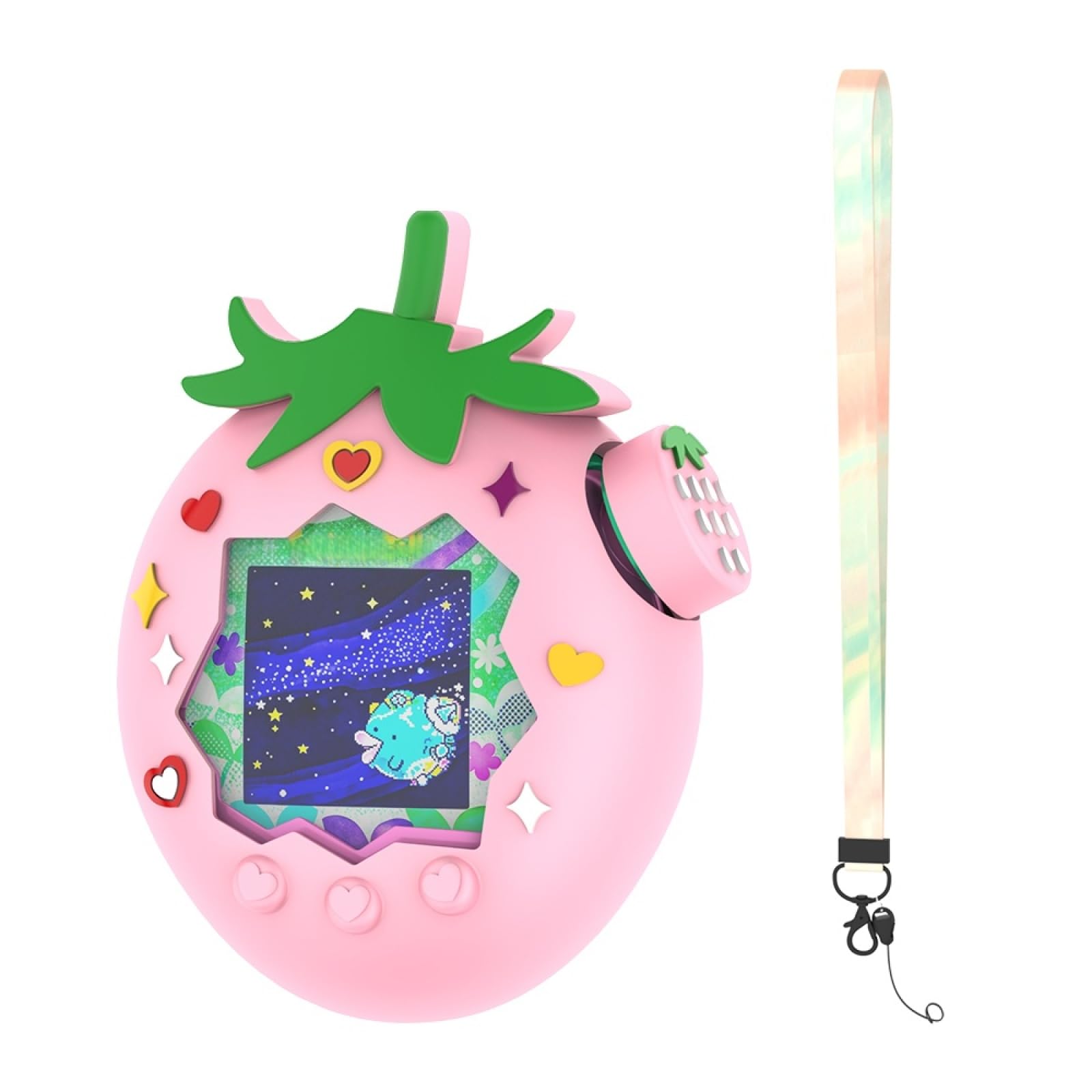 Suitable for Tamagotchi Paradise Strawberry Protective Case–Includes Lanyard, Soft Silicone Shockproof Design, Cute Green Leaf Top, Fits 2025 Bandai Model Perfectly