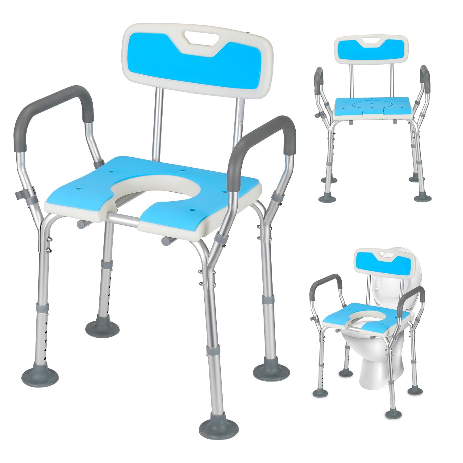 Stołek prysznicowy z oparciem i poduszką, krzesło prysznicowe 3 w 1 z regulacją wysokości 40-53 cm, antypoślizgowe siedzisko z aluminium i PE, do 135 kg, dla osób starszych i dorosłych | Fotel aluminiowy PE z poduszką, regulowany 40-53 cm, obciążenie do 1