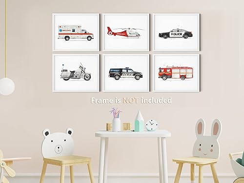 Miniatura 2 de Impresión artística de pared de vehículo de rescate de acuarela, lindo transporte de dibujos animados, ilustraciones de automóvil, guardería,