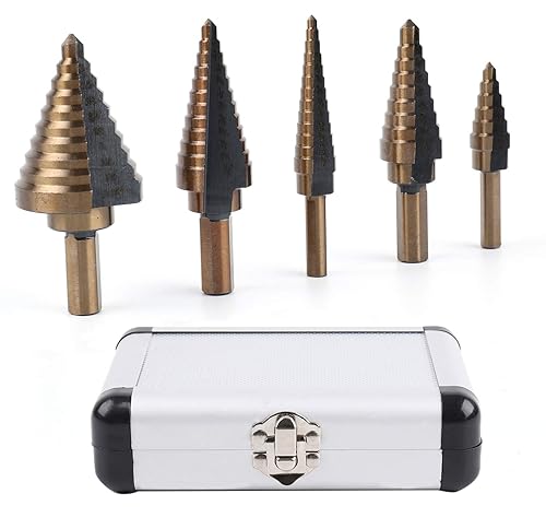 Miniatura 4 de Yeland - Juego de brocas escalonadas de metal de alta velocidad con estuche de aluminio, 5 unidades, HSS, cobalto, varios agujeros, 50 tamaños