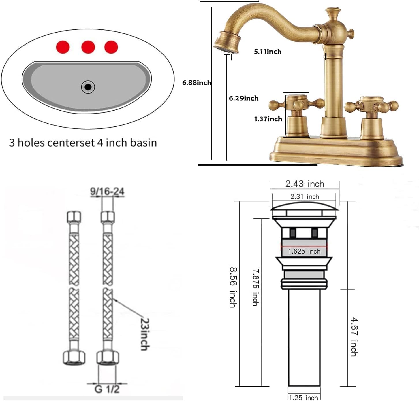 GGStudy Bathroom Faucet Antique Brass 2 Handles 4 Inches Centerset Bathroom Vanity with Drain Assembly and Supply Hose Lavatory Faucet