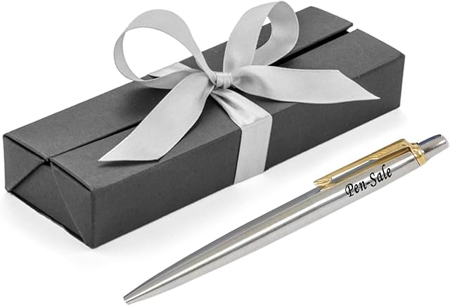 Personalised Engraved Parker Jotter Stainless Steel Gold Trim Ballpoint Pen in a Black Box with Silver Ribbon, Black ink, Custom Gifts for Christmas - Enter Your Custom Engraving